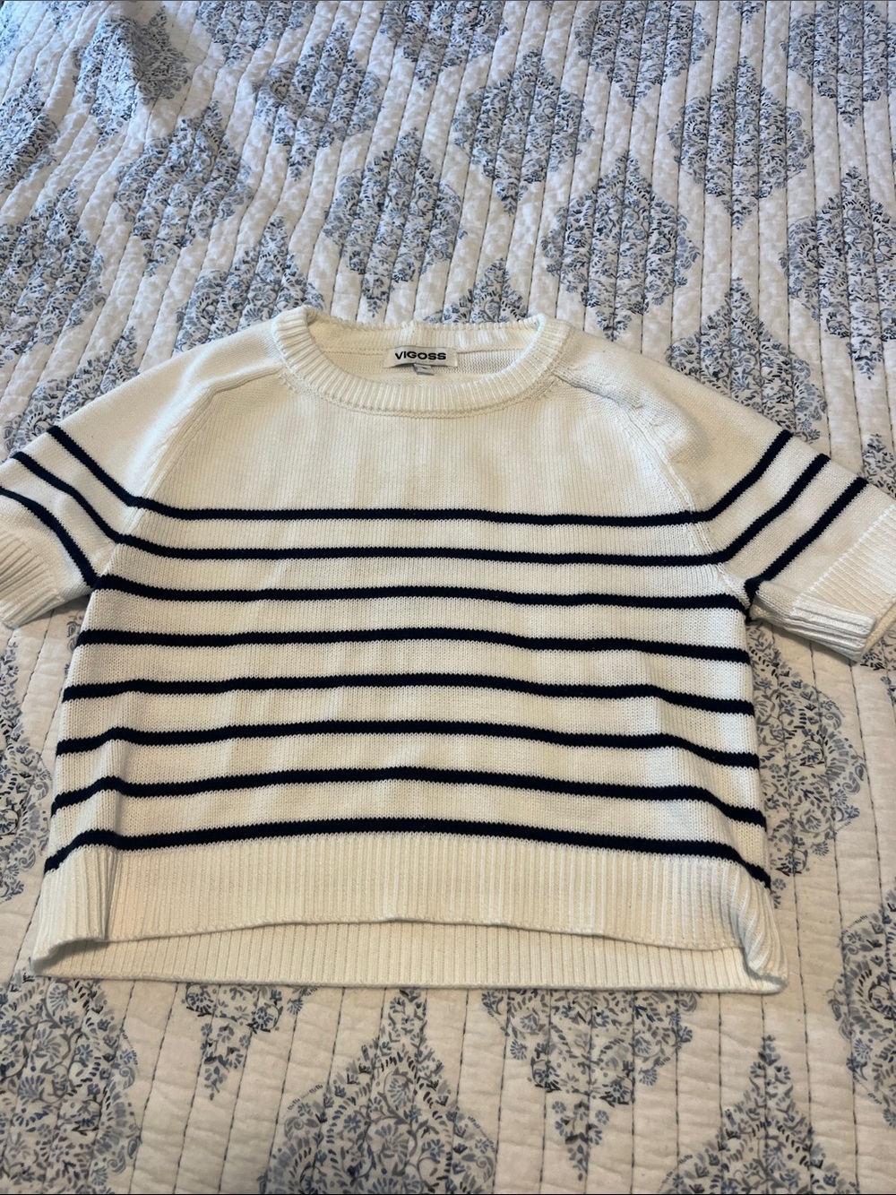 Vigoss Cream and Navy Striped Short-Sleeve Crew Sweater